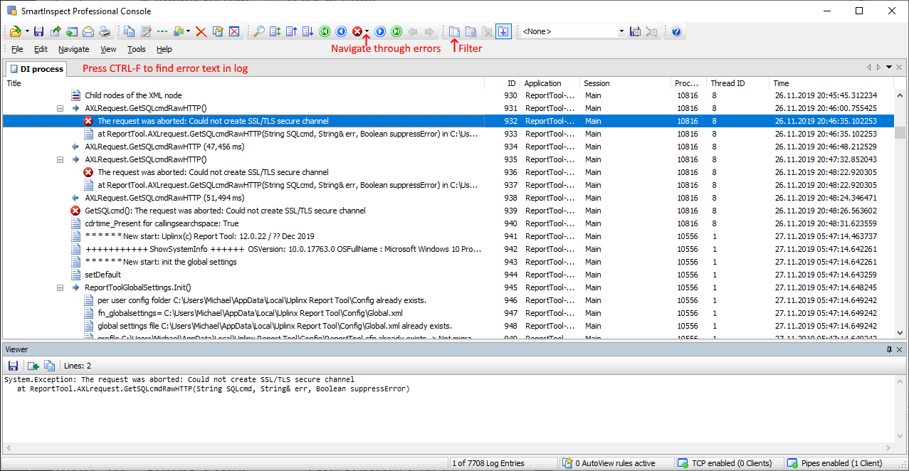 Real-time trace UPLINX Report Tool for Amazon with SmartInspect Console