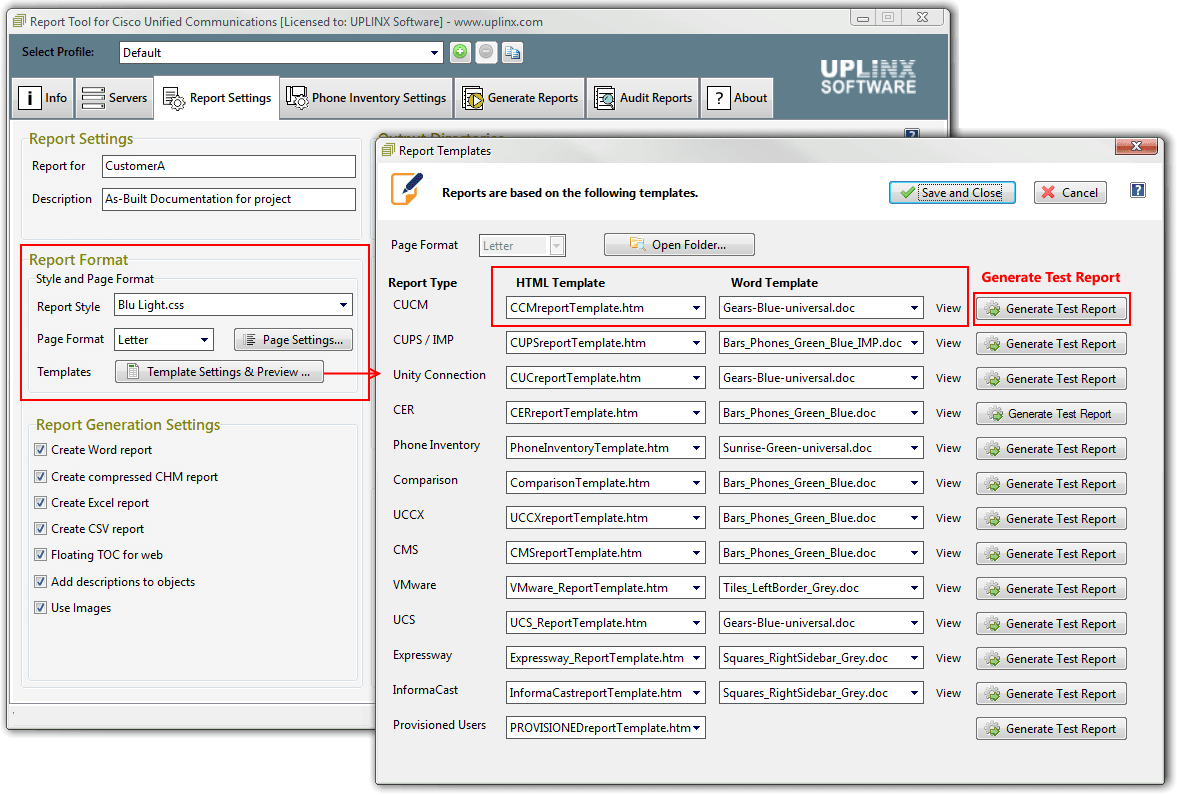 UPLINX Report Tool: Template Selection